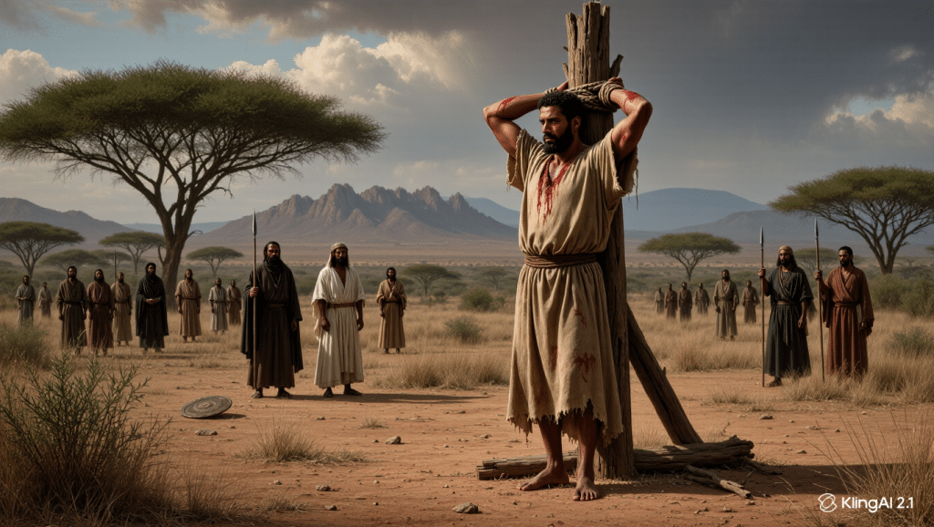 Pintura de San Almedo, mártir africano, en un paisaje antiguo.