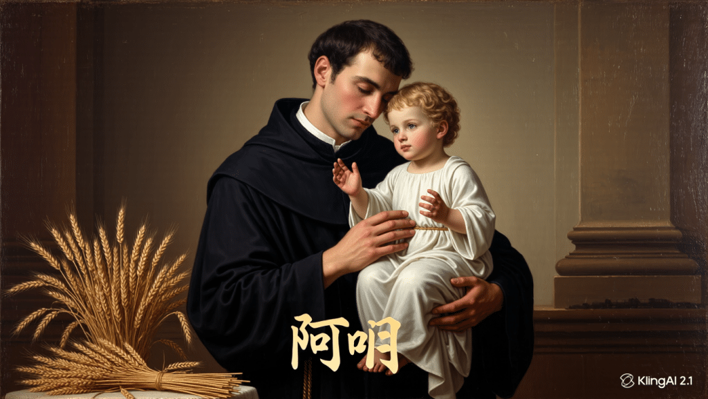 Pintura de San Cayetano, patrono del trabajo, con el Niño Jesús y espigas de trigo.