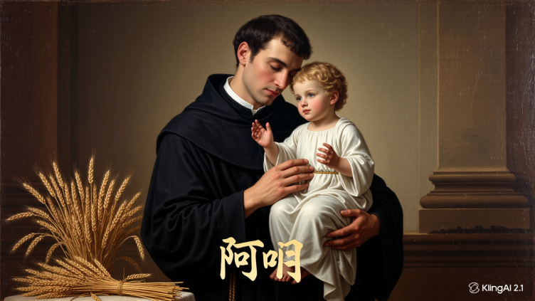 Pintura de San Cayetano, patrono del trabajo, con el Niño Jesús y espigas de trigo.