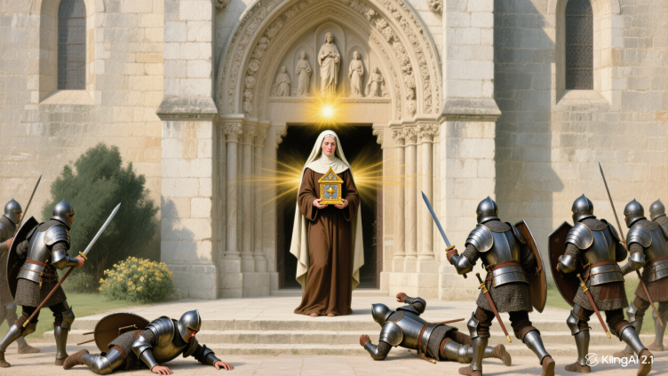Pintura de Santa Clara de AsÃs defendiendo su monasterio con la EucaristÃa.