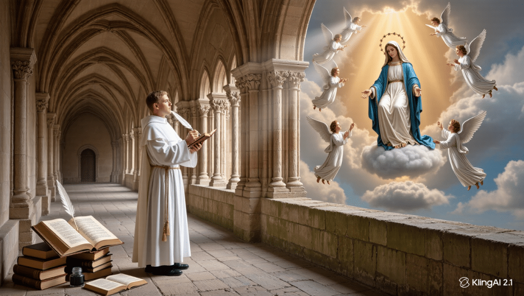 Pintura de San Bernardo de Claraval escribiendo inspirado por la Virgen.