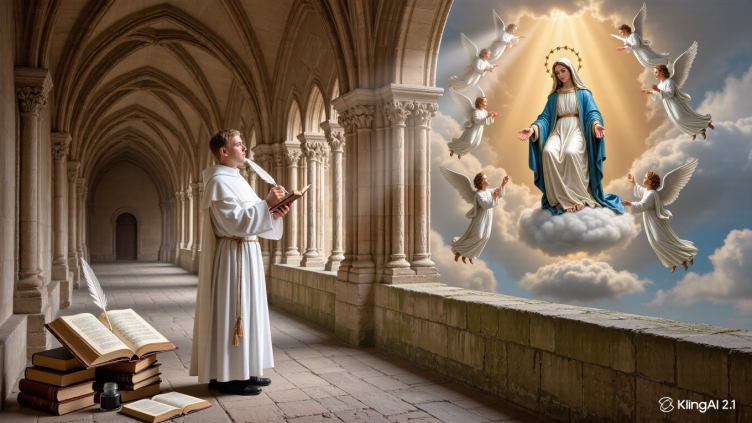 Pintura de San Bernardo de Claraval escribiendo inspirado por la Virgen.