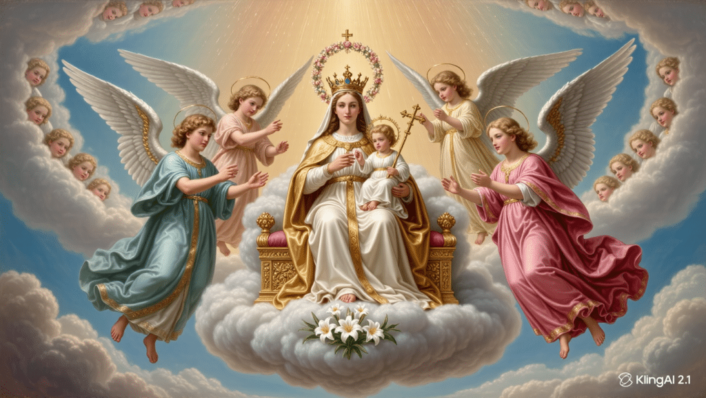 Pintura de la Virgen María coronada como Reina del Cielo.