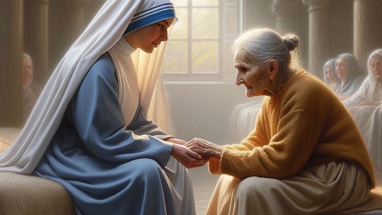 Pintura de Santa Teresa de Jesús Jornet cuidando a una anciana.