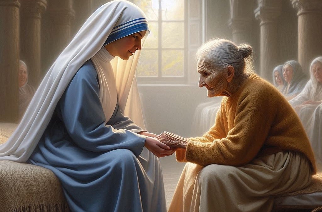 Pintura de Santa Teresa de Jesús Jornet cuidando a una anciana.