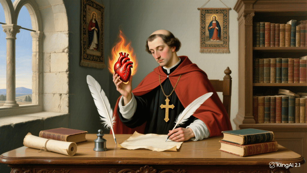 Pintura renacentista de San Agustín con un corazón en llamas.