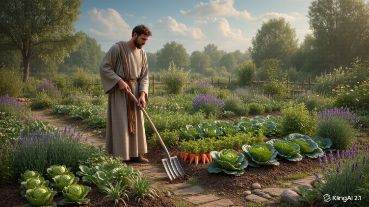 Pintura de San Fiacro, patrón de los jardineros, en su huerto.