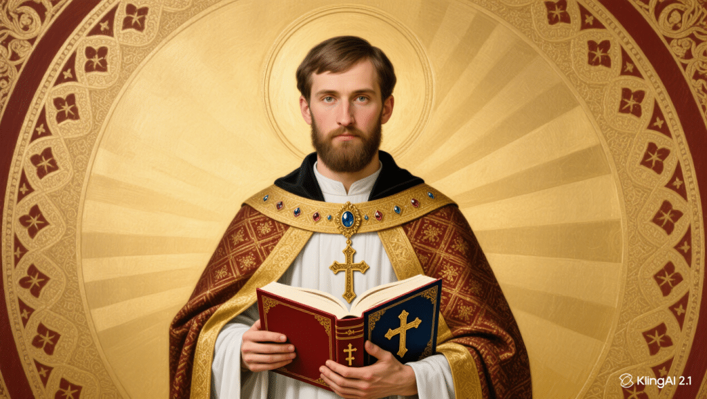 Ícono bizantino de San Eusebio de Vercelli sosteniendo el Evangelio.