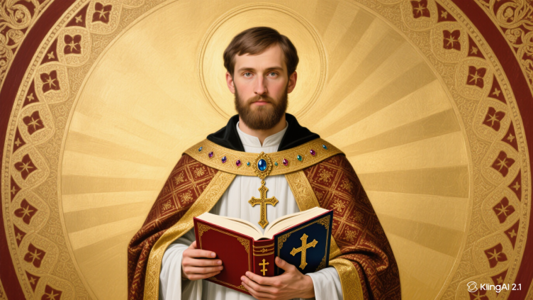 Ícono bizantino de San Eusebio de Vercelli sosteniendo el Evangelio.