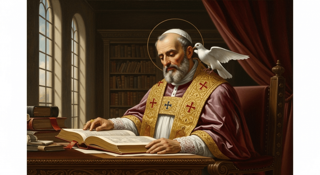 San Gregorio Magno Papa, con paloma y libro.