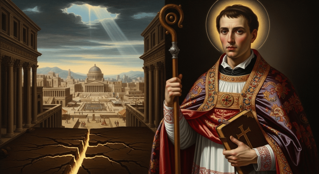 Pintura de San Emidio de Ascoli, mártir y obispo, en su papel de patrono contra los terremotos.