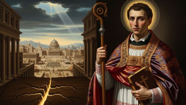Pintura de San Emidio de Ascoli, mártir y obispo, en su papel de patrono contra los terremotos.