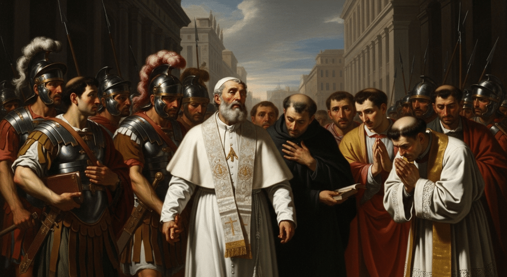 Pintura de San Sixto II, papa y mártir, junto a sus diáconos, en su camino al martirio.