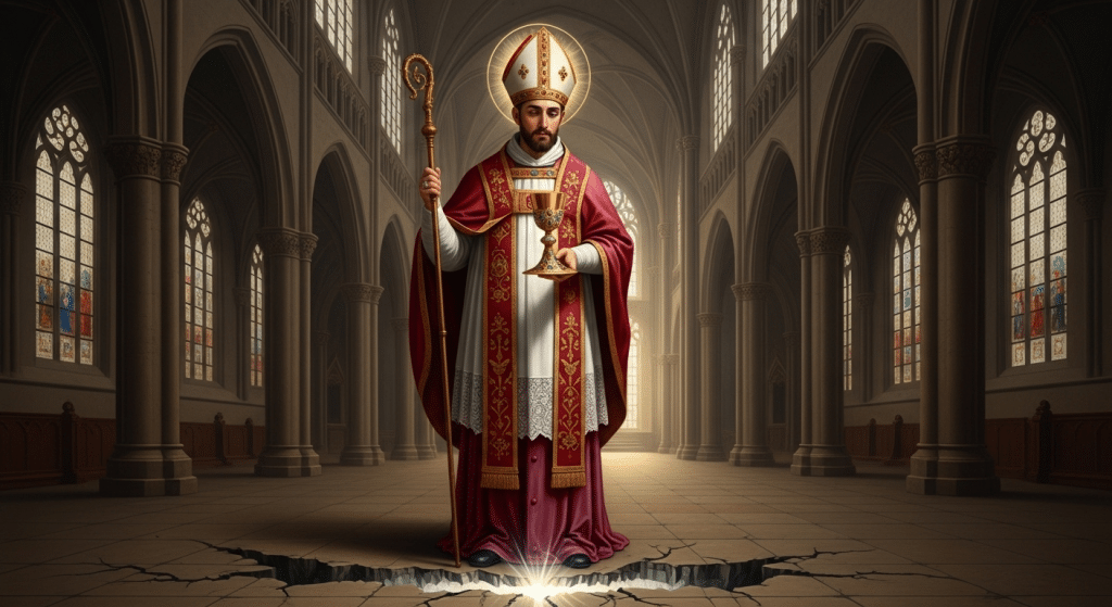 Pintura de San Donato de Arezzo, obispo y mártir, sosteniendo un cáliz milagrosamente restaurado.