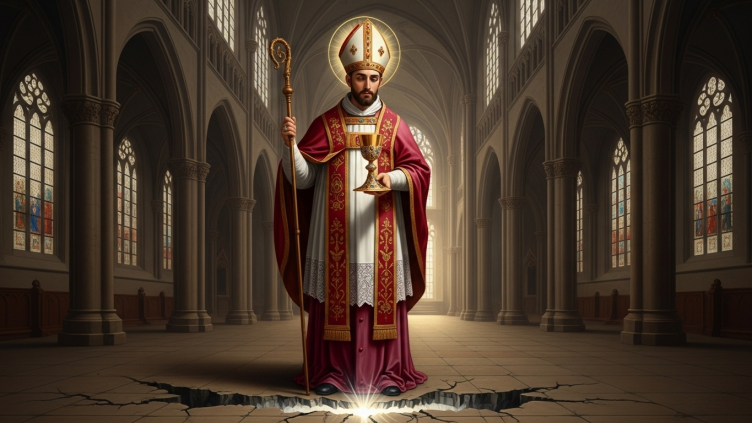 Pintura de San Donato de Arezzo, obispo y mártir, sosteniendo un cáliz milagrosamente restaurado.