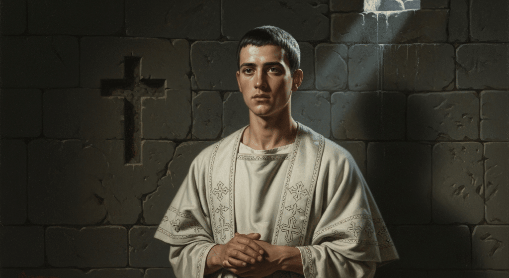 Pintura de San Cirilo de Roma, diácono y mártir, en una celda romana.