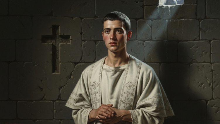 Pintura de San Cirilo de Roma, diácono y mártir, en una celda romana.
