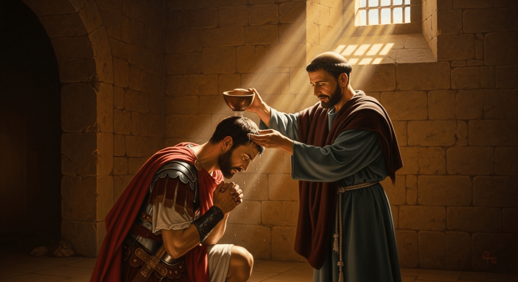 Pintura de San Román, soldado romano, en una escena de su bautismo por San Lorenzo.