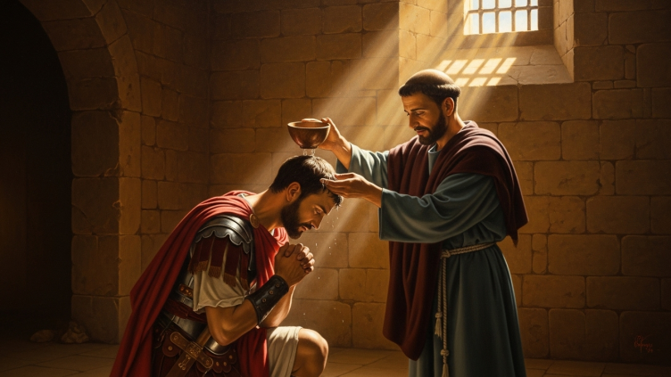Pintura de San Román, soldado romano, en una escena de su bautismo por San Lorenzo.