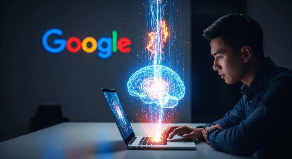 Un usuario aprendiendo sobre IA en la plataforma de Google Cloud, con logos de Google flotando en el aire.
