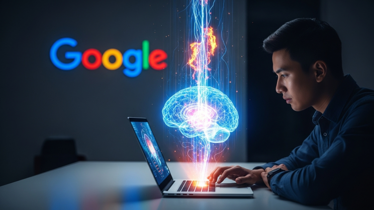 Un usuario aprendiendo sobre IA en la plataforma de Google Cloud, con logos de Google flotando en el aire.
