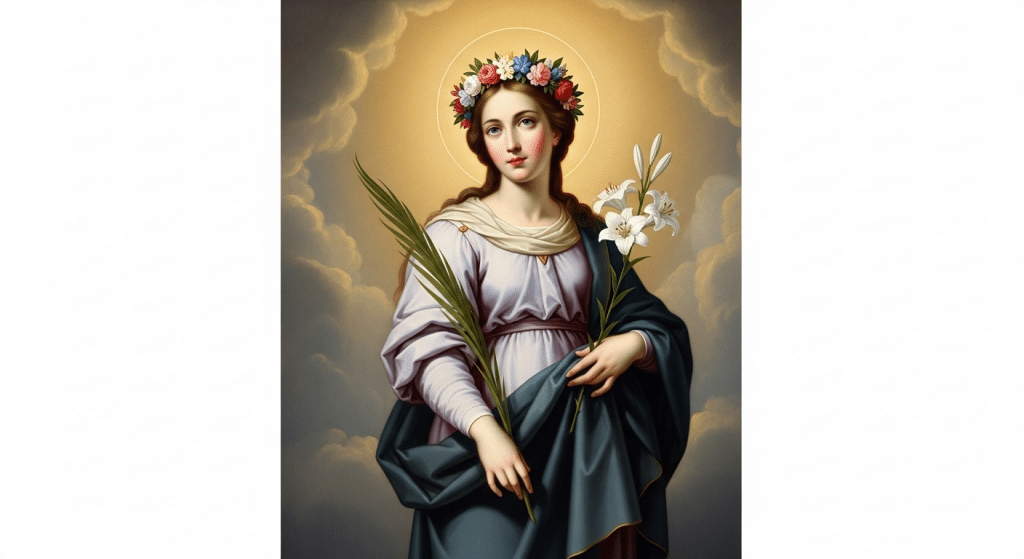 Pintura de Santa Filomena, mártir, con una palma y una corona de flores.