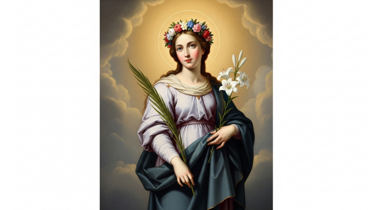 Pintura de Santa Filomena, mártir, con una palma y una corona de flores.