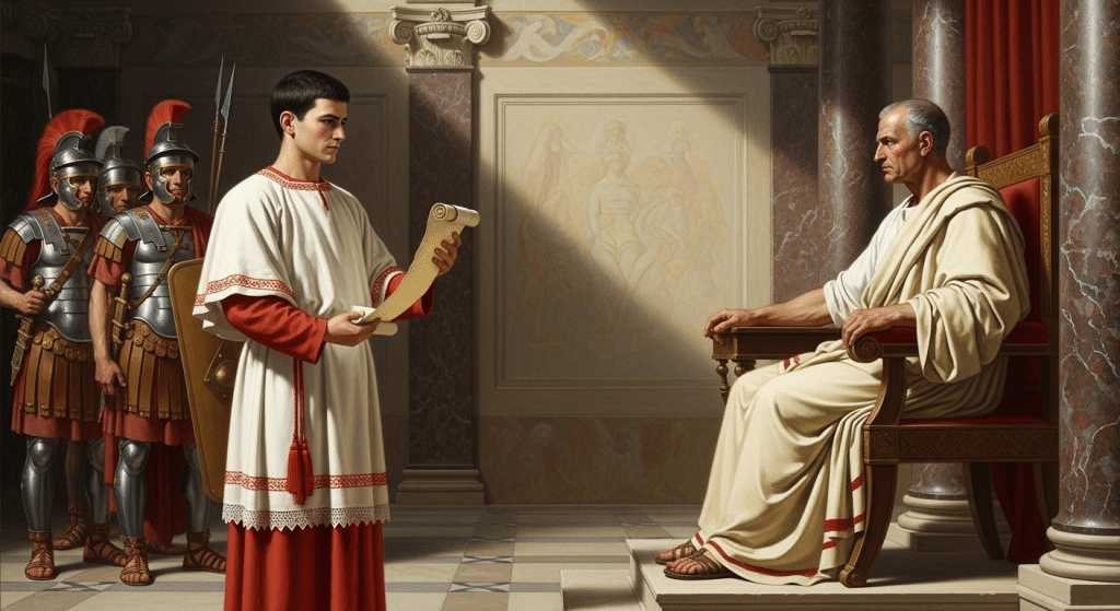 Pintura de San Euplio, diácono, sosteniendo un rollo de las Escrituras frente a un juez romano.