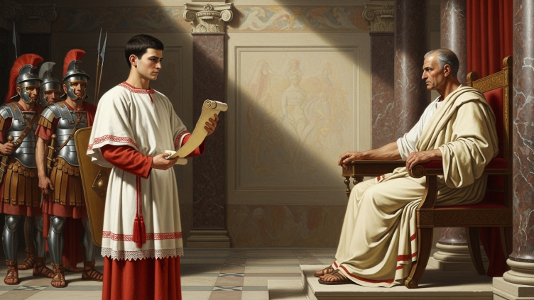 Pintura de San Euplio, diácono, sosteniendo un rollo de las Escrituras frente a un juez romano.