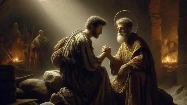 Pintura de los santos Ponciano e Hipólito reconciliándose en las minas.