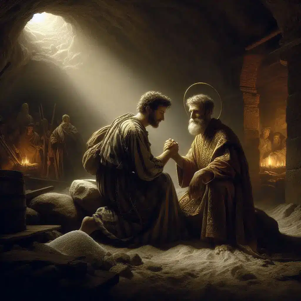 Pintura de los santos Ponciano e Hipólito reconciliándose en las minas.