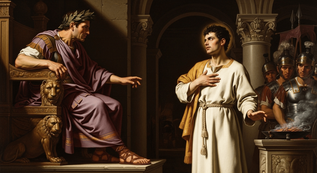 Pintura de San Eusebio, diácono mártir, en una escena de su juicio.