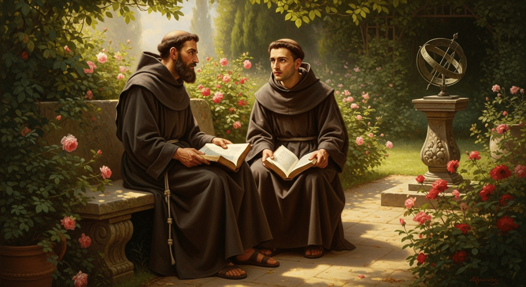 Pintura de San Alipio, obispo y amigo de San Agustín, en una conversación.