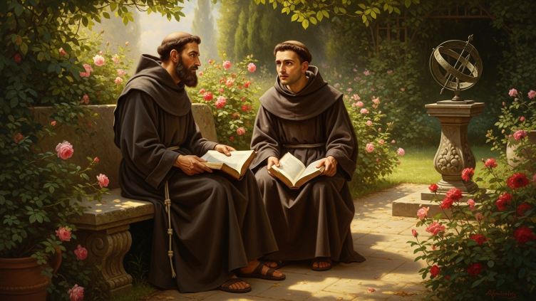 Pintura de San Alipio, obispo y amigo de San Agustín, en una conversación.