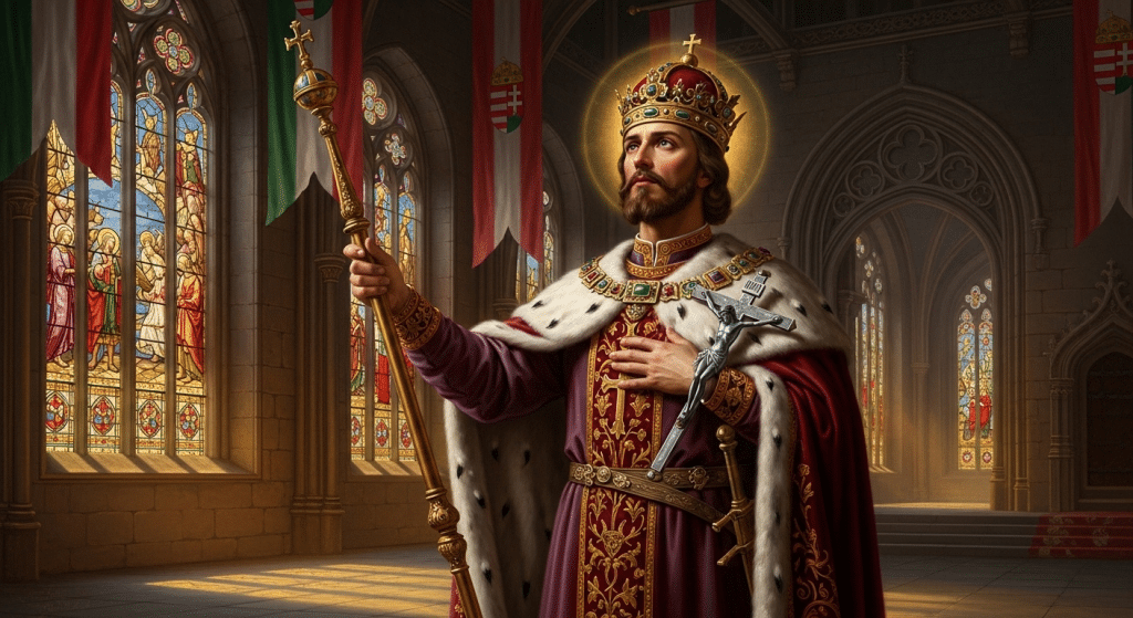 Pintura de San Esteban de Hungría, rey y evangelizador, con su corona y un crucifijo.