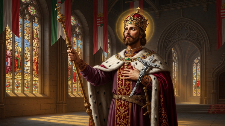 Pintura de San Esteban de Hungría, rey y evangelizador, con su corona y un crucifijo.