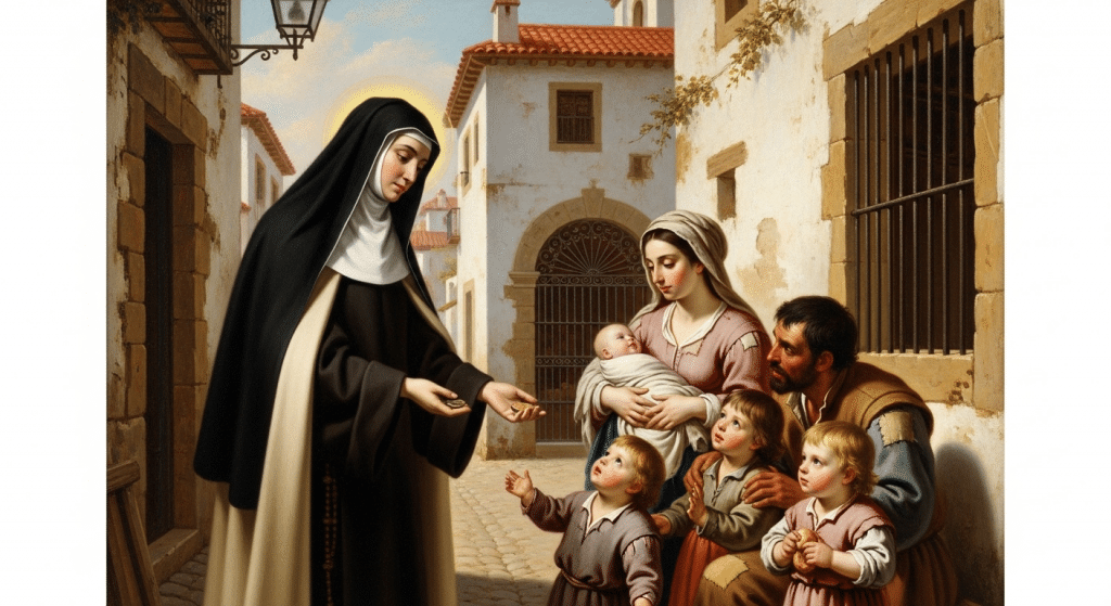 Pintura de Santa Juana de la Cruz, beata, dando limosna a los pobres.