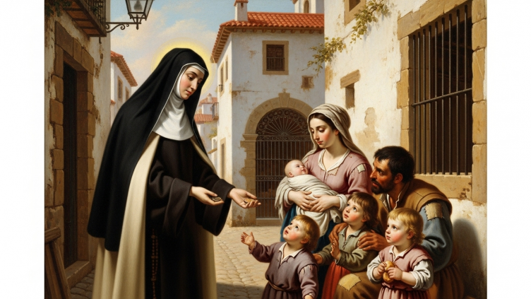 Pintura de Santa Juana de la Cruz, beata, dando limosna a los pobres.