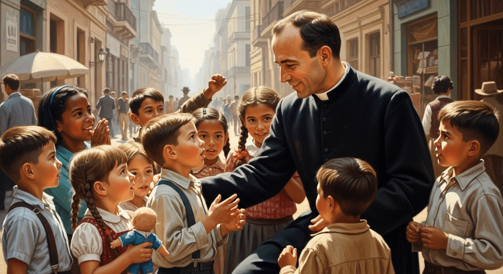Pintura de San Alberto Hurtado, sacerdote chileno, en una calle con niños .