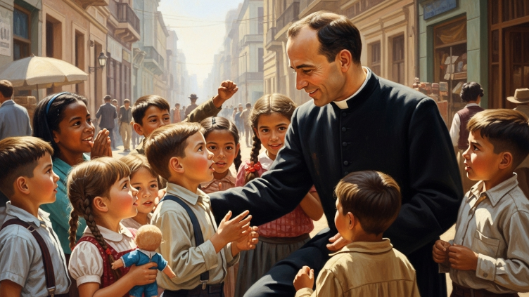 Pintura de San Alberto Hurtado, sacerdote chileno, en una calle con niños .