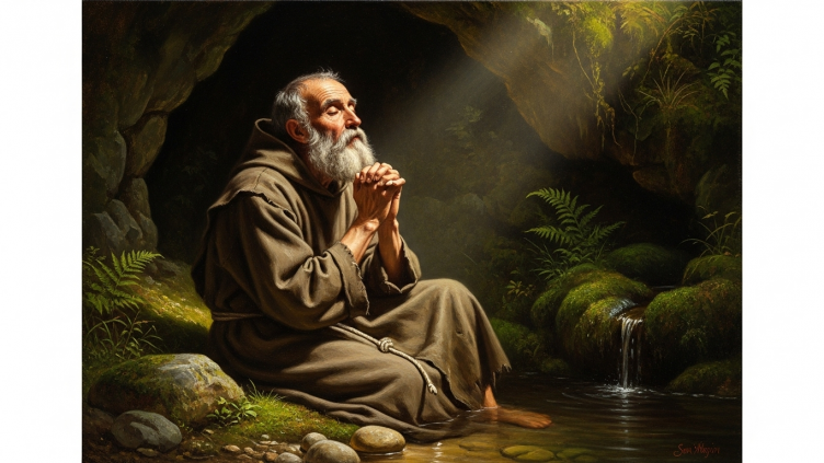 Pintura de San MagÃn, eremita y mártir, en una cueva con un manantial.