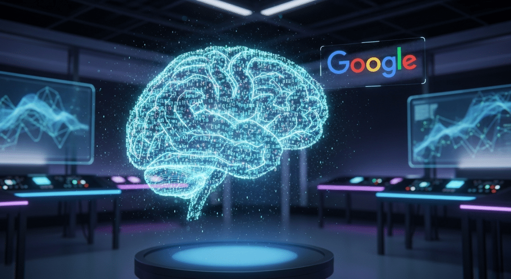 Un diagrama de un cerebro de IA generativa con el logo de Google, flotando sobre un fondo tecnológico azul.