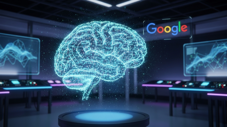 Un diagrama de un cerebro de IA generativa con el logo de Google, flotando sobre un fondo tecnológico azul.