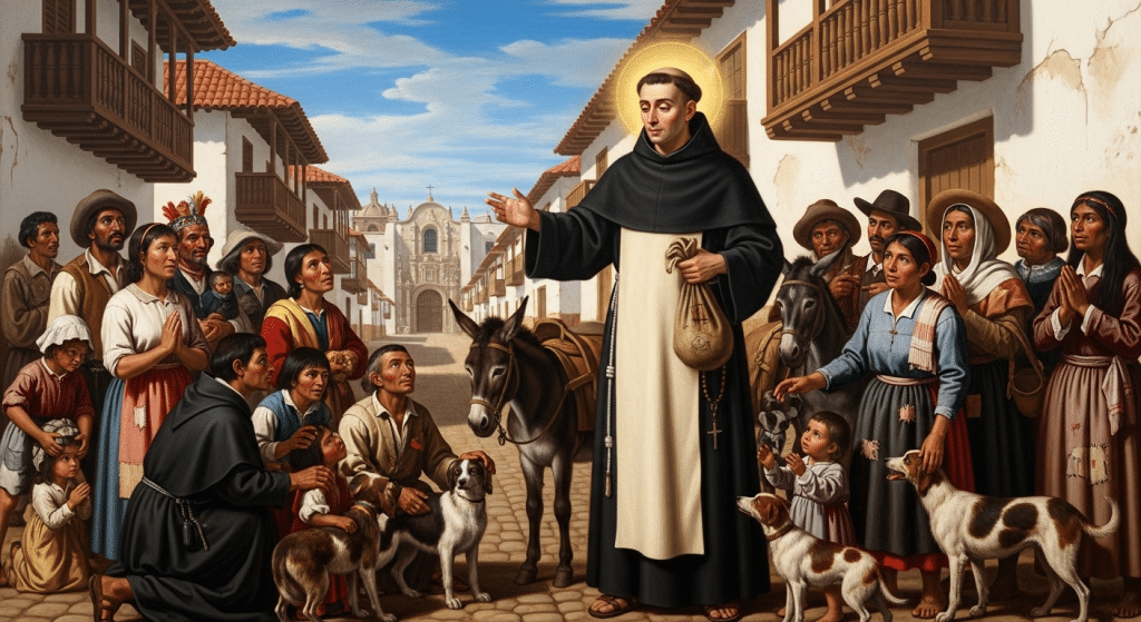 San Juan Macías, fraile dominico, con pobres y burros.