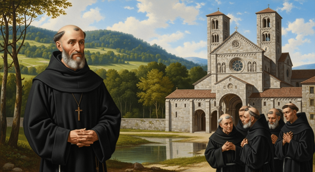 Pintura de San Filiberto, abad, en un monasterio con monjes.