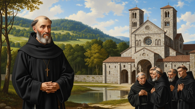Pintura de San Filiberto, abad, en un monasterio con monjes.