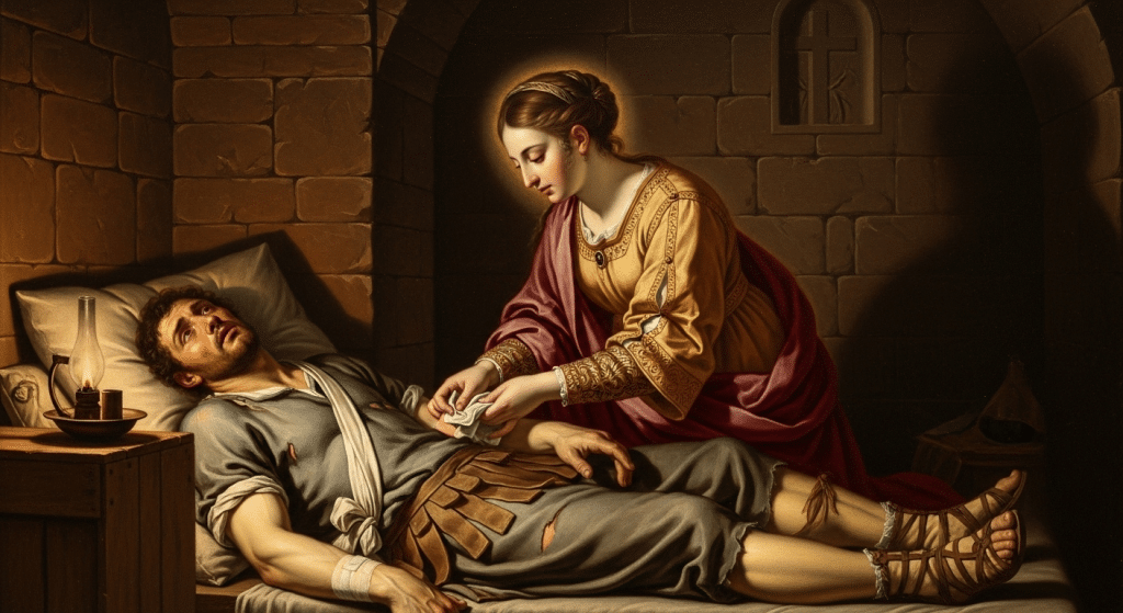 Pintura de Santa Ciriaca, matrona romana, cuidando a un cristiano perseguido.