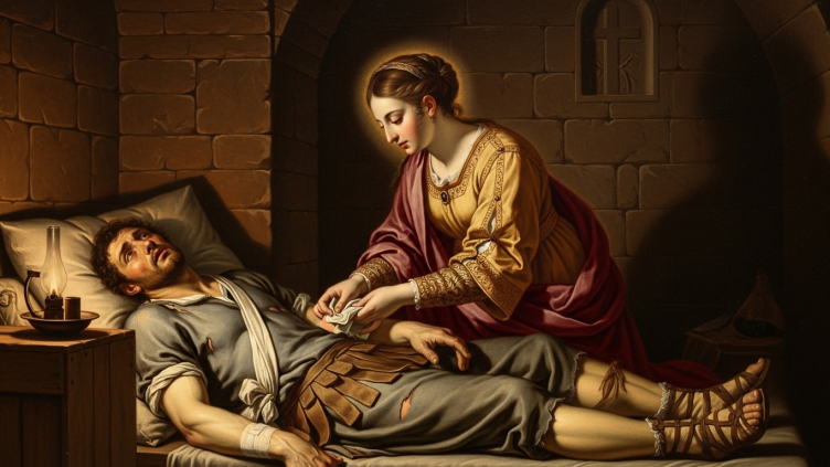 Pintura de Santa Ciriaca, matrona romana, cuidando a un cristiano perseguido.