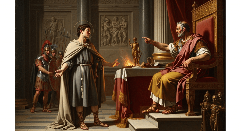 Pintura de San Timoteo de Roma, diácono mártir, en una escena de su juicio.