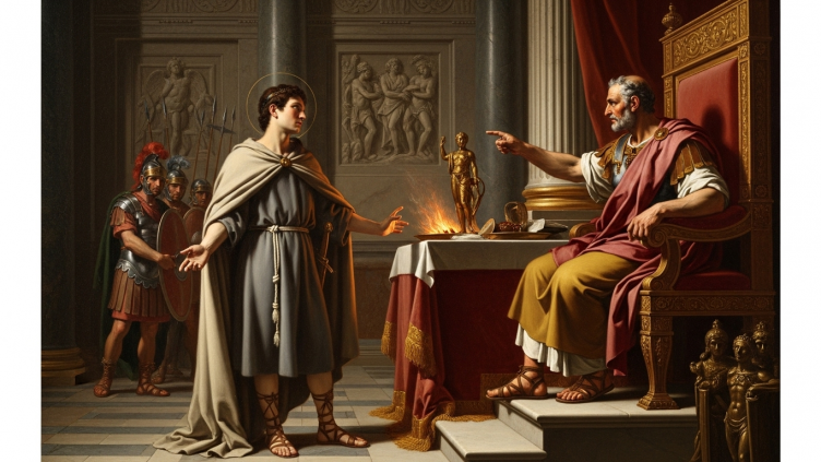Pintura de San Timoteo de Roma, diácono mártir, en una escena de su juicio.